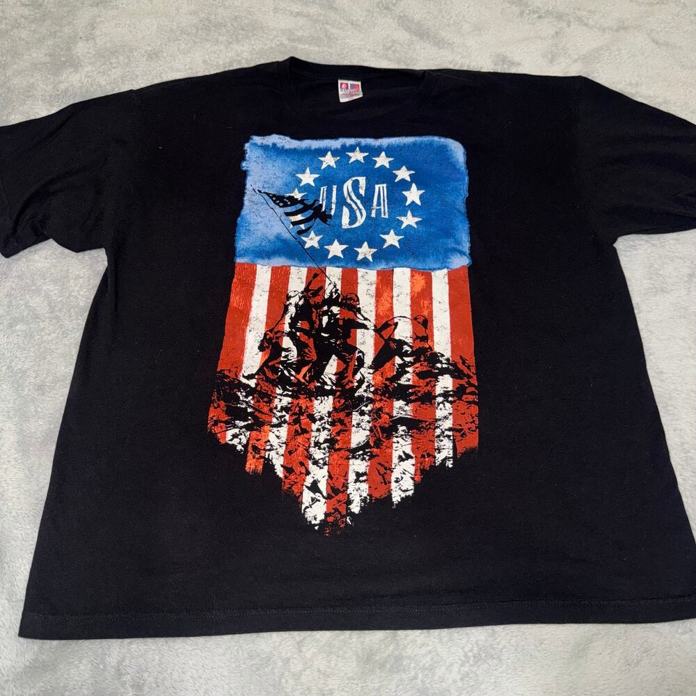 Bayside USA Flag Iwo Jima Patriotic Graphic T-Shirt Men’s 2XL Black Americana